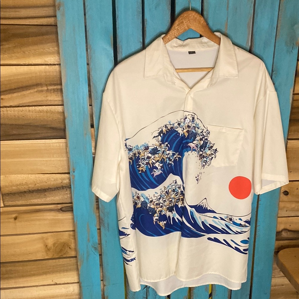 Japanese style cresting wave French bulldogs Men's Shirt size XL sun white blue